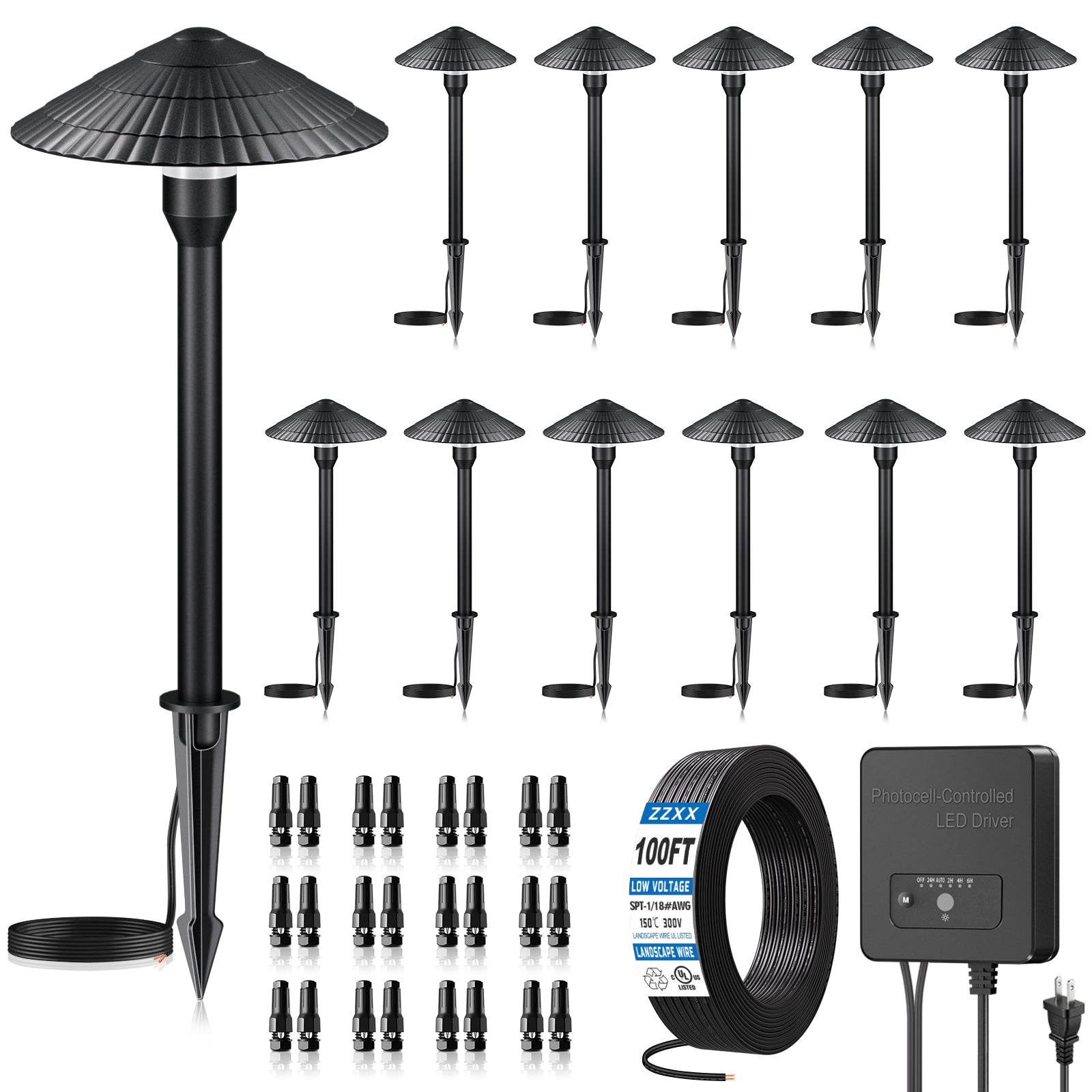 ZZXX All-in-One Low Voltage Landscape Lighting Kit 12-Pathway Lights with 96W Transformer, 5W LED Landscape Lighting Low Voltage 12-24V,IP66 Waterproof Outdoor Lights 2700K for Yard Patio Walkway