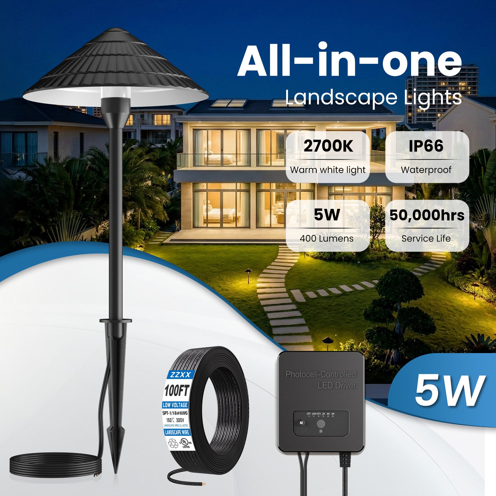 ZZXX All-in-One Low Voltage Landscape Lighting Kit 12-Pathway Lights with 96W Transformer, 5W LED Landscape Lighting Low Voltage 12-24V,IP66 Waterproof Outdoor Lights 2700K for Yard Patio Walkway