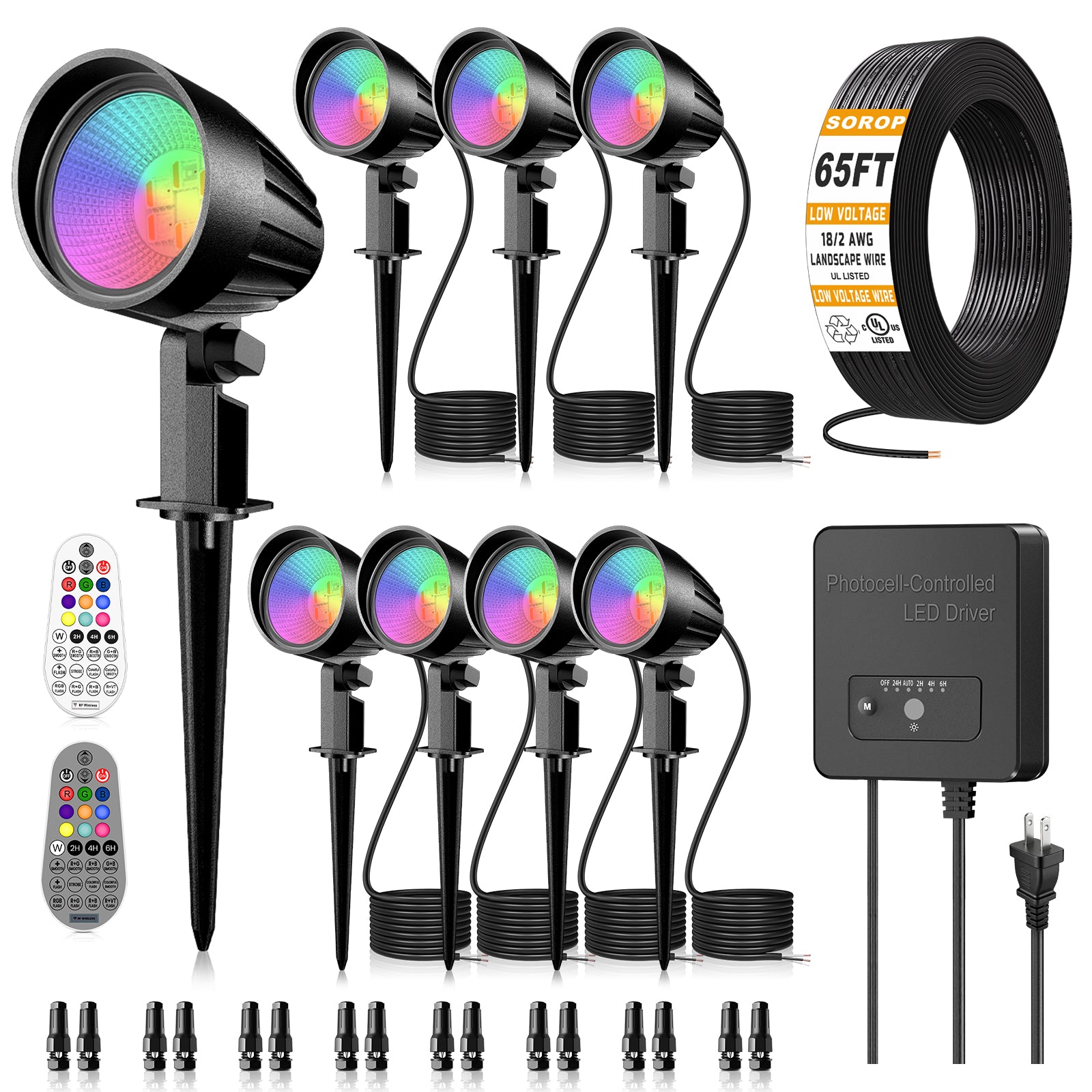RGBW Low Voltage Landscape Lights Kit, 15W Color Changing Landscape Lights with Transformer 65FT UL-Listed Wire, Outdoor Spotlights IP66 Waterproof Remote Control for Holiday Yard Garden, 8Pack