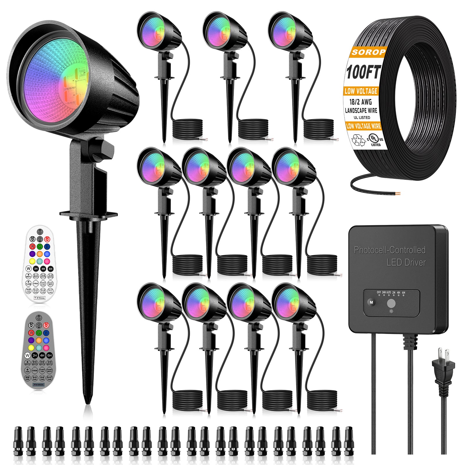 15W Low Voltage Landscape Lights Kit, RGBW Color Changing Spot Lights Outdoor with Transformer 100FT UL-Listed Wire, Low Voltage Lights IP66 Waterproof Remote Control for Garden House, 12Pack