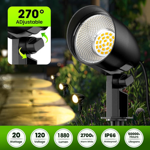 ZZXX 20W Outdoor Spotlight LED Landscape Lighting 120V Pathway Lights IP66 Waterproof Aluminum Yard Spot Lights 1880LM 2700K Warm White Landscape Spotlights with US 3-Plug in (2 Pack)