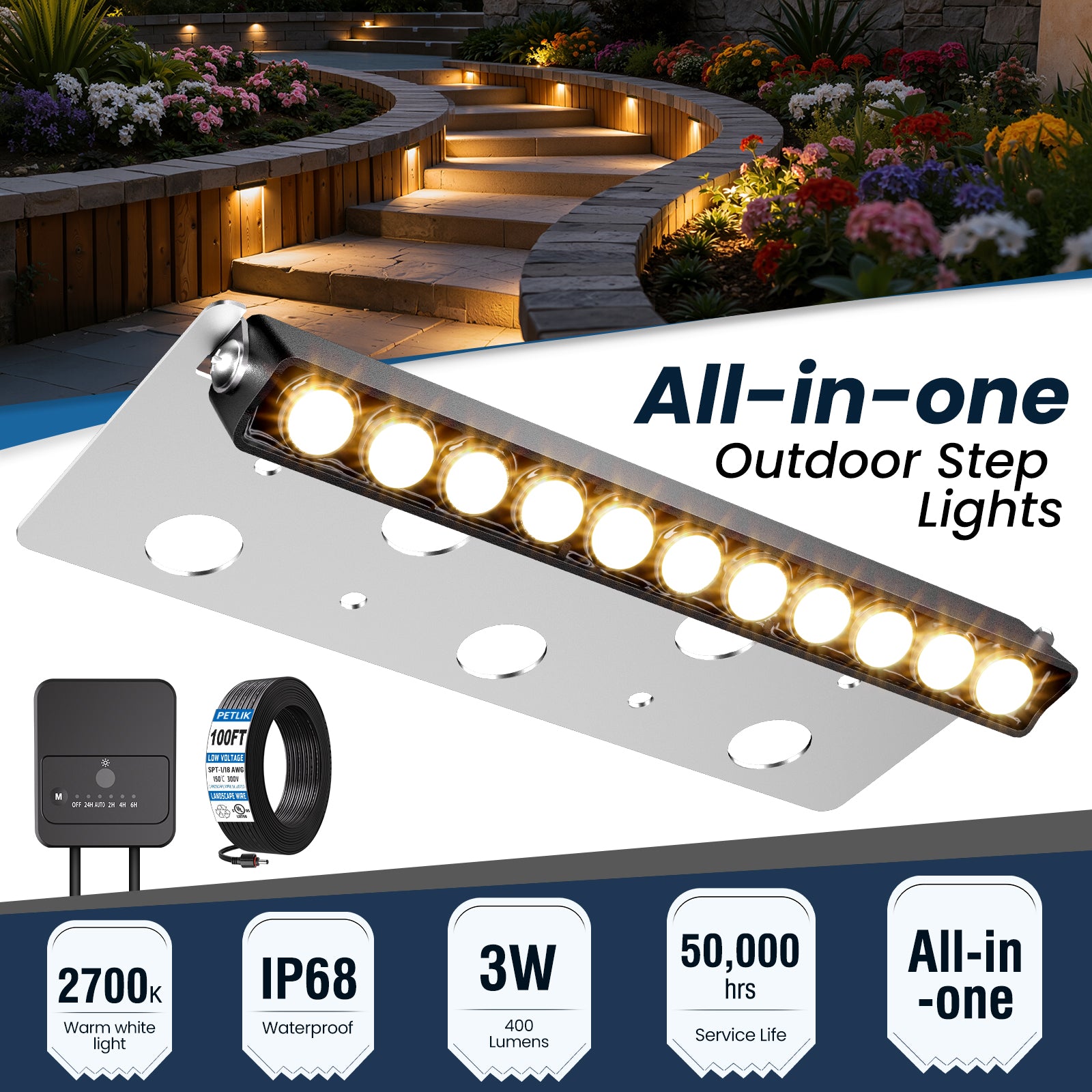 ZZXX All-in-One Retaining Wall Lights with Transformer, 2700K Hardscape Lighting, Low Voltage Landscape Lighting, IP68 Waterproof Outdoor Step Lights Fence Decor for Patio Stairs, 3W Lights 12-Pack