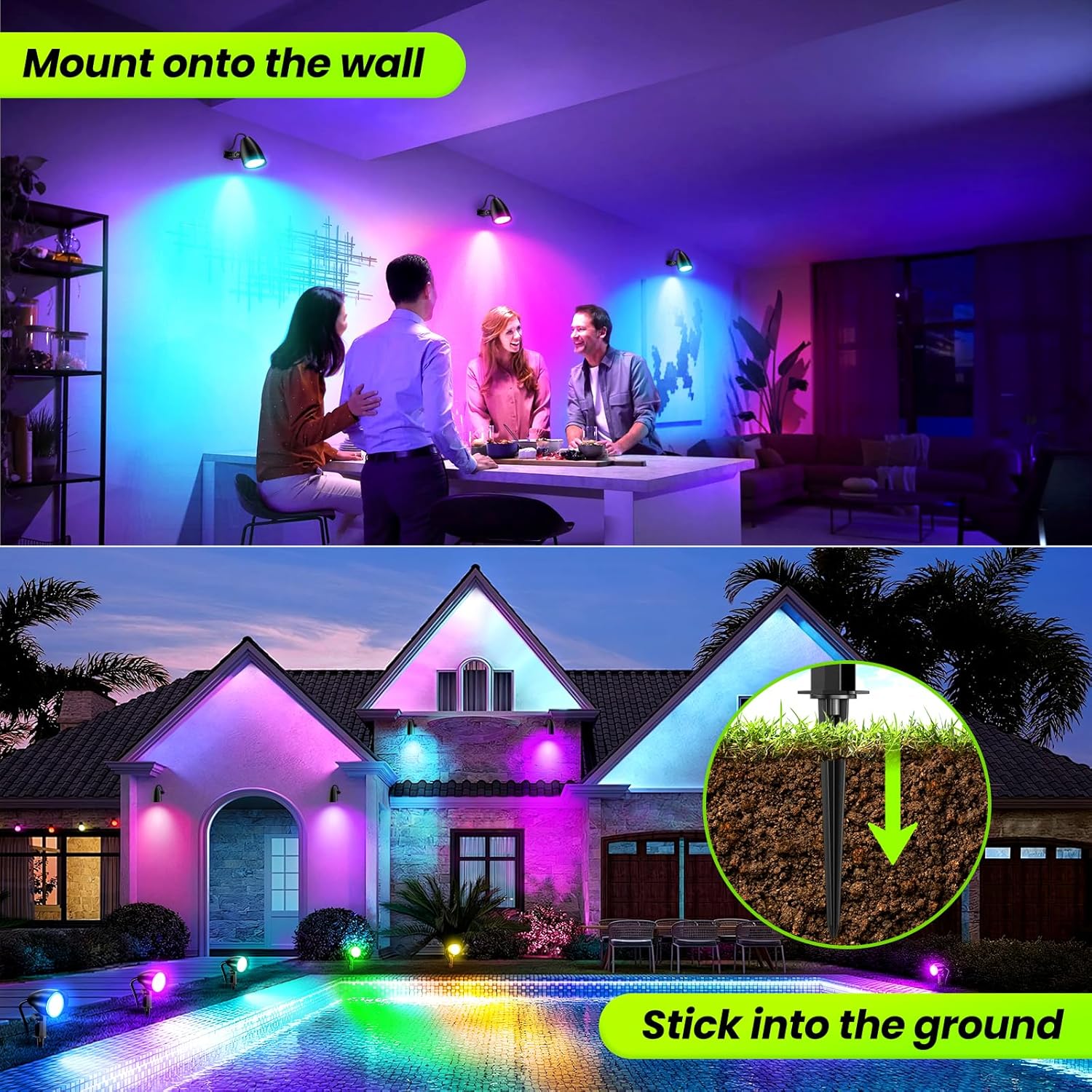 ZZXX 20W RGB Outdoor Spotlight Halloween 120V Color Changing Landscape Lights Waterproof LED Multicoloured Spotlights, Dimmable, Timer, Memory Function with US 3-Plug in (2 Pack)