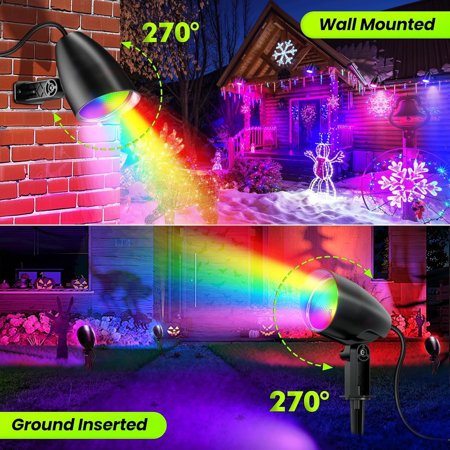 ZZXX 20W RGB Outdoor Spotlight Halloween 120V Color Changing Landscape Lights Waterproof LED Multicoloured Spotlights, Dimmable, Timer, Memory Function with US 3-Plug in (2 Pack)