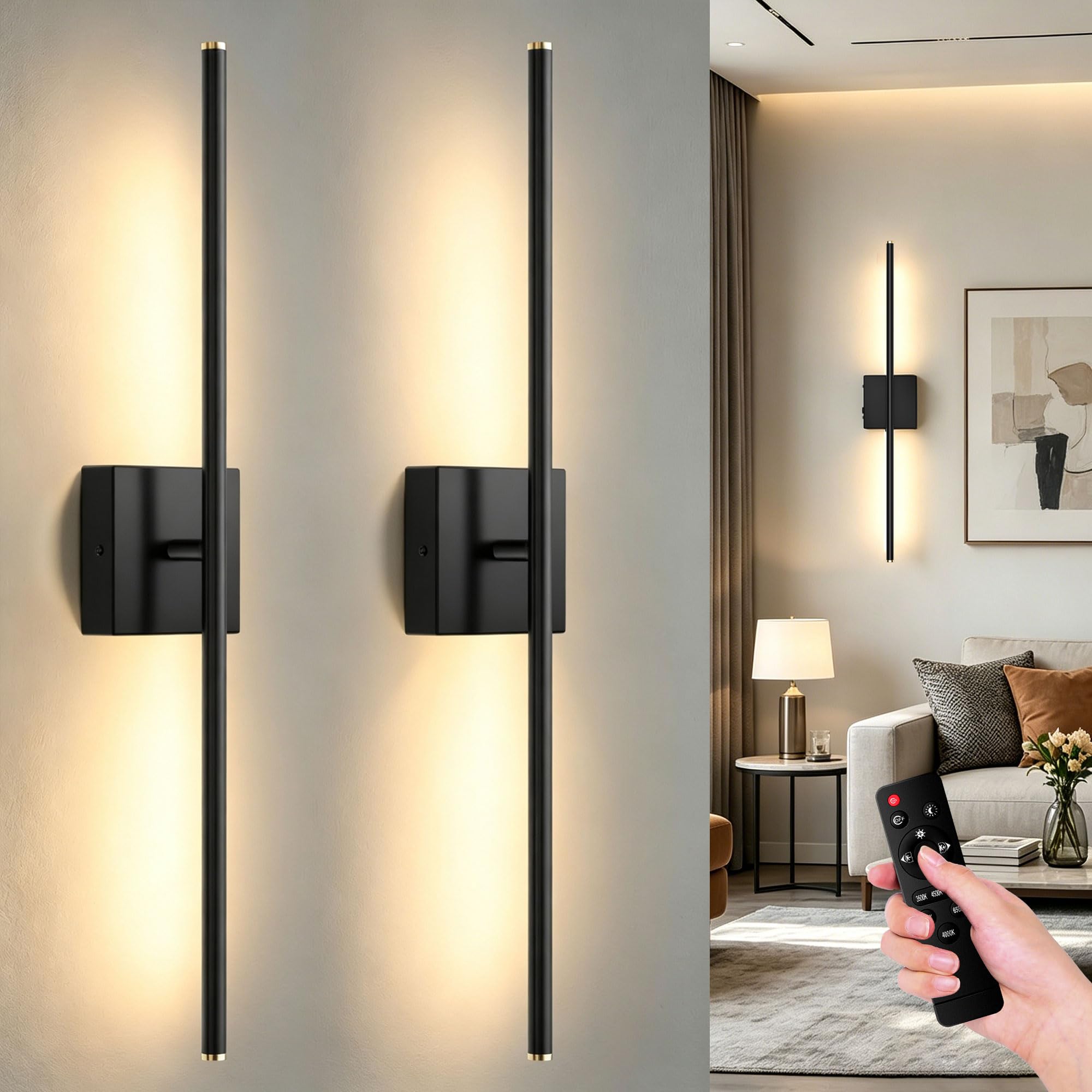 ZZXX 28 Inch Hardwired Wall Sconces Set of Two, Modern Black Wall Lights | 2700K-6500K,LED Wall Sconce With Remote,350°Rotatable ,Memory Function,Dimmable for Living Room, Hallway, Bedroom