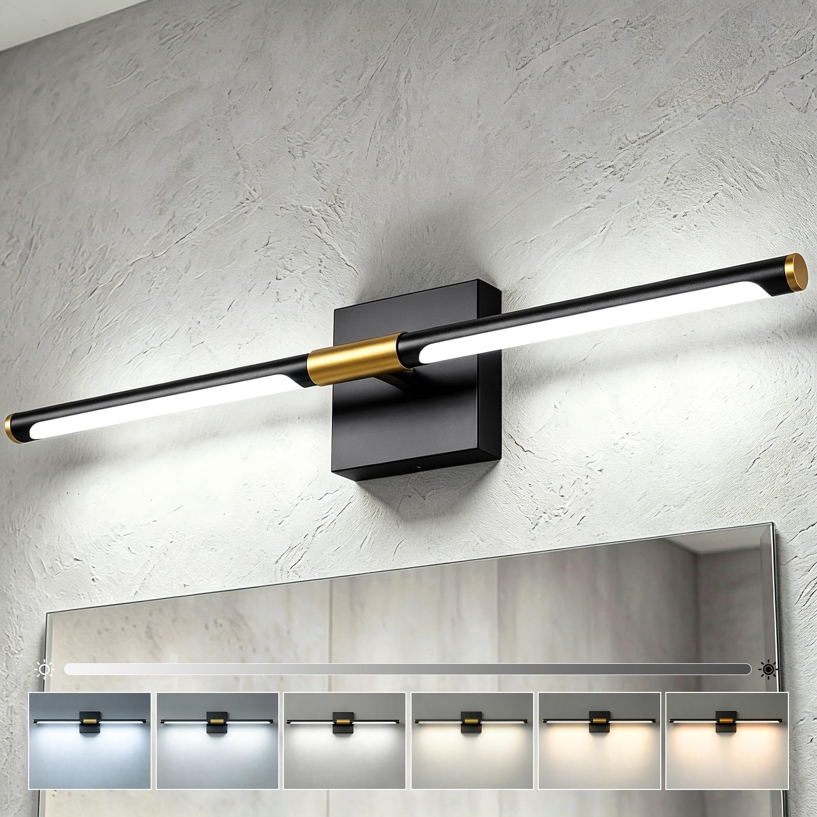 24-inch Bathroom Vanity Light, 6CCT Dimmable LED | 6 color temperatures, adjustable brightness, LED, memory function, night light mode, FCC-certified, black