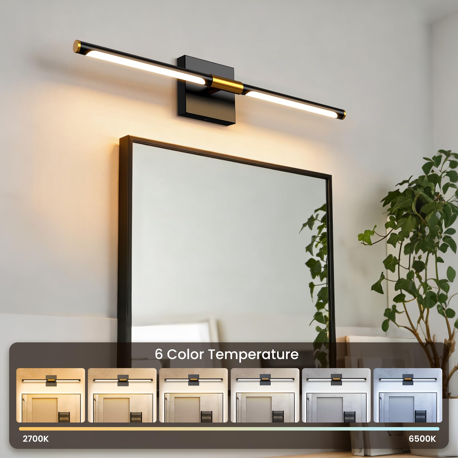 24-inch Bathroom Vanity Light, 6CCT Dimmable LED | 6 color temperatures, adjustable brightness, LED, memory function, night light mode, FCC-certified, black