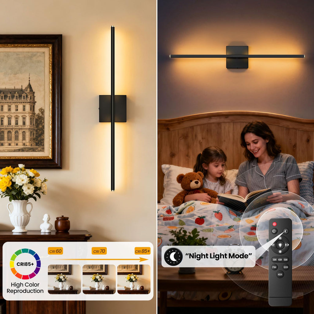 ZZXX 28 Inch Hardwired Wall Sconces Set of Two, Modern Black Wall Lights | 2700K-6500K,LED Wall Sconce With Remote,350°Rotatable ,Memory Function,Dimmable for Living Room, Hallway, Bedroom