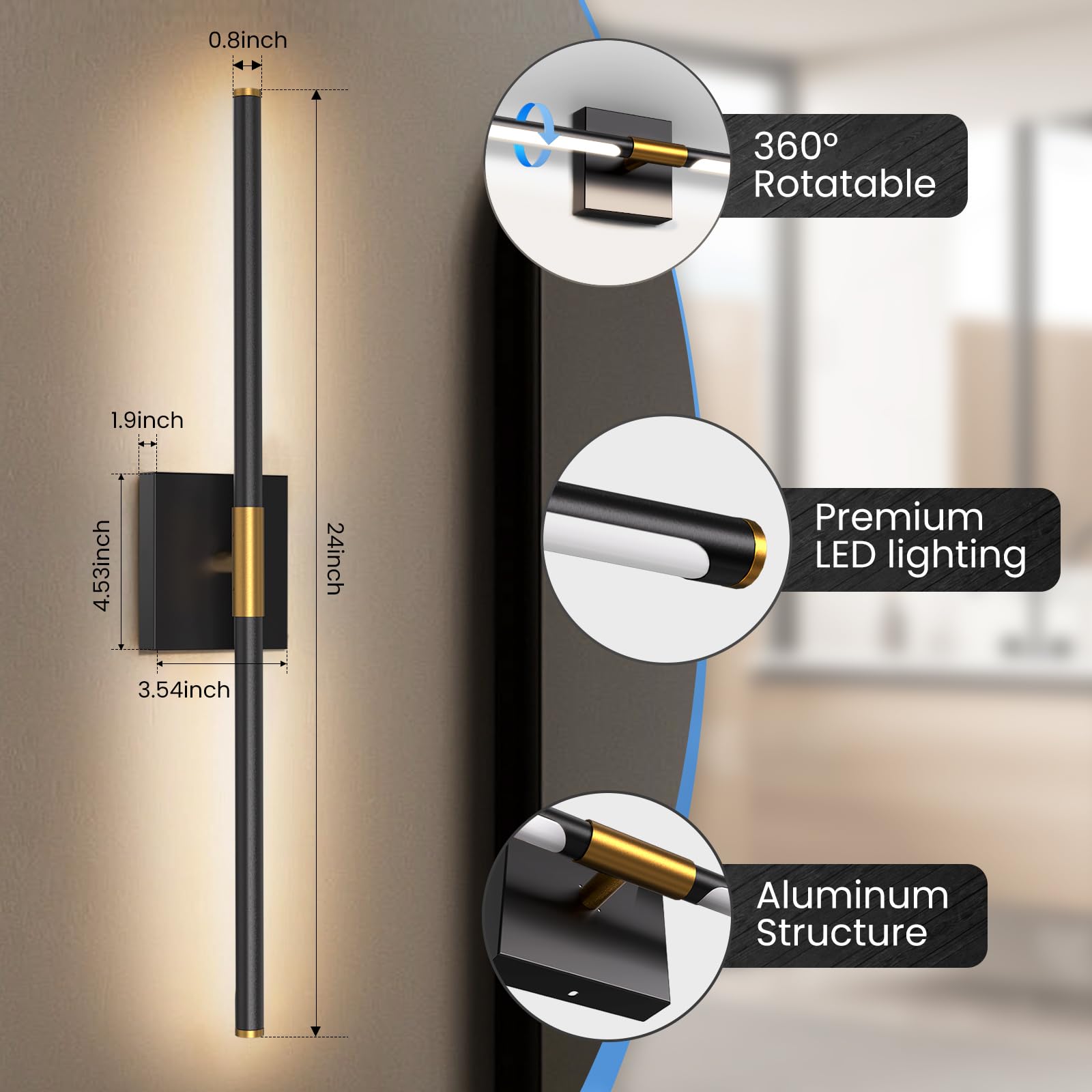 24-inch Bathroom Vanity Light, 6CCT Dimmable LED | 6 color temperatures, adjustable brightness, LED, memory function, night light mode, FCC-certified, black