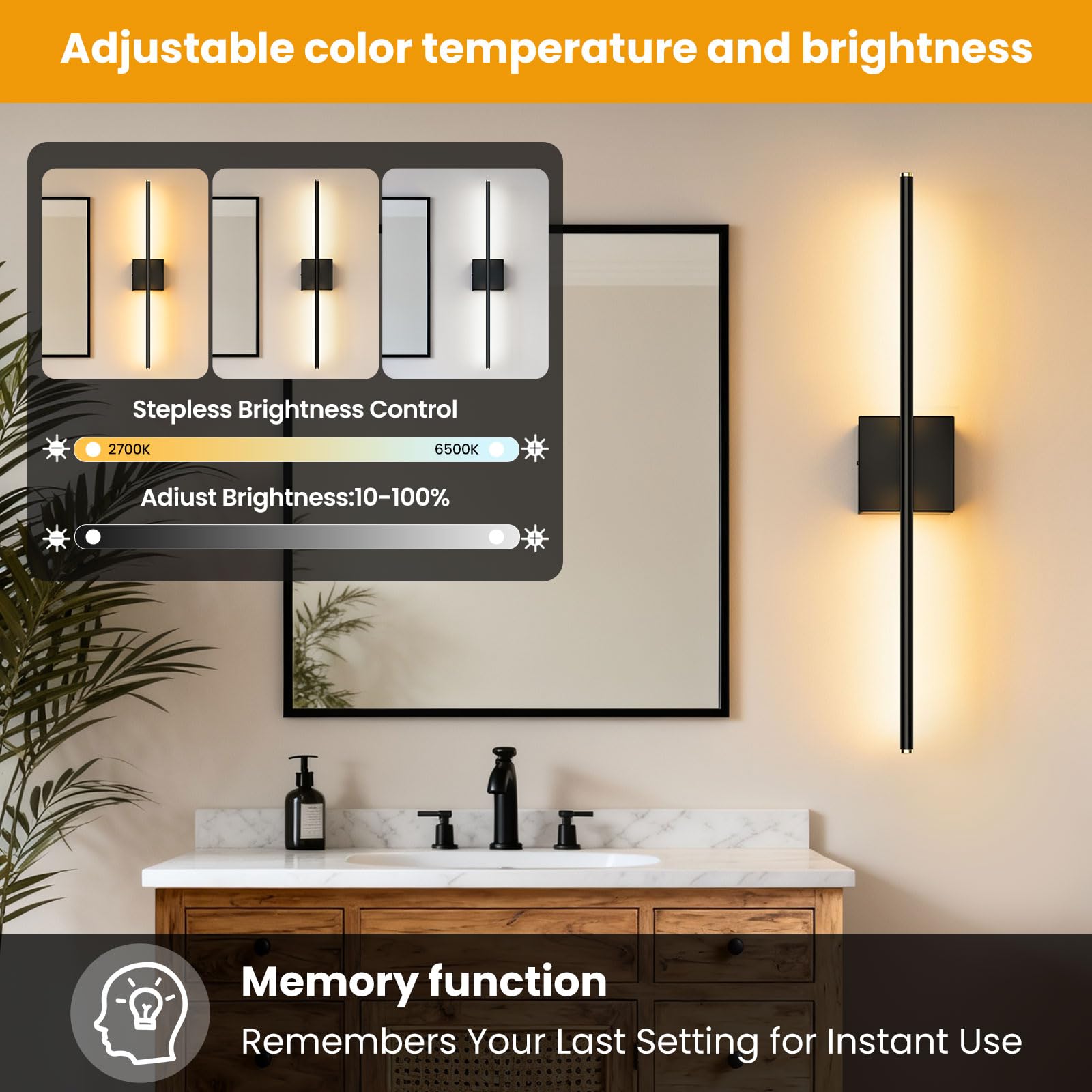 ZZXX 28 Inch Hardwired Wall Sconces Set of Two, Modern Black Wall Lights | 2700K-6500K,LED Wall Sconce With Remote,350°Rotatable ,Memory Function,Dimmable for Living Room, Hallway, Bedroom