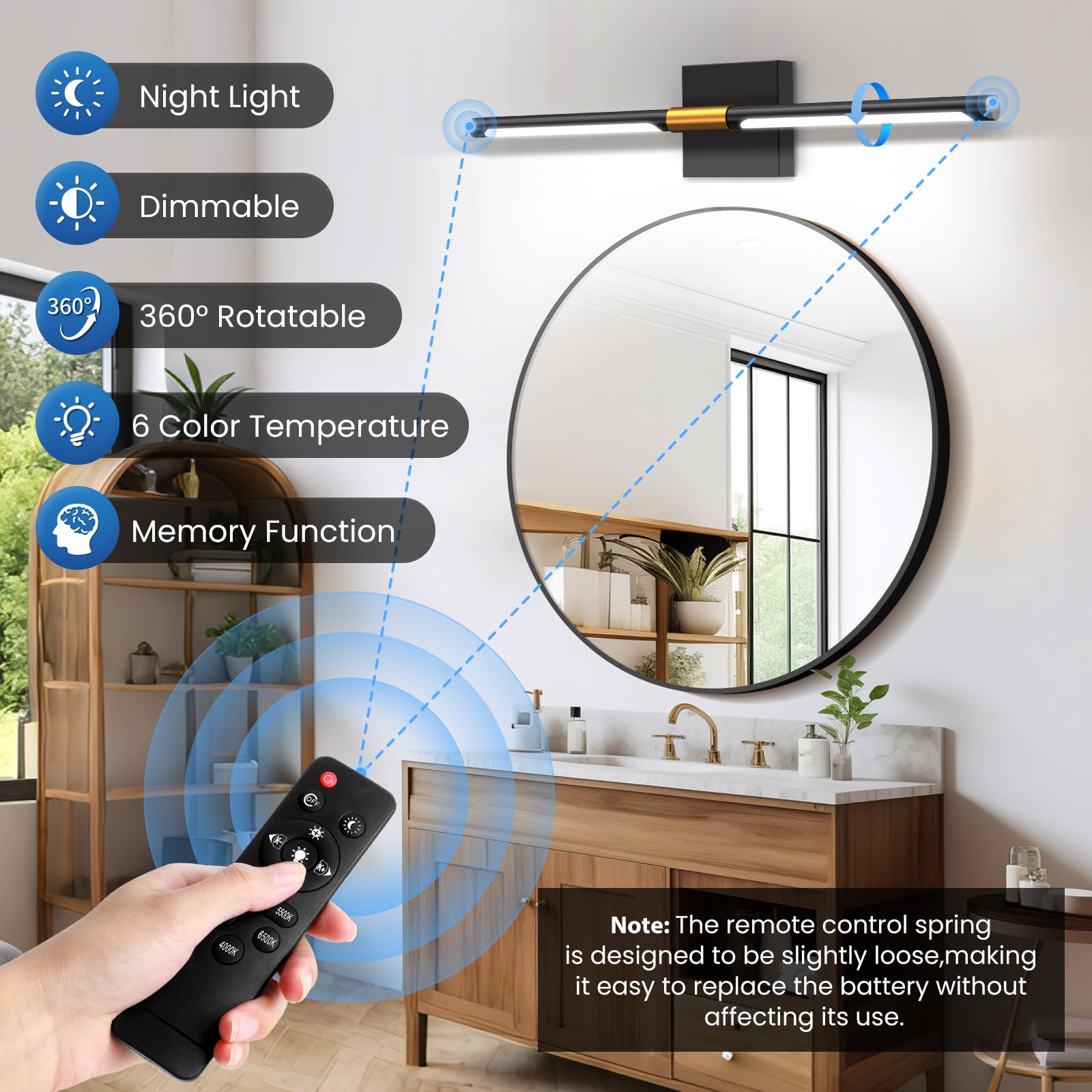 24-inch Bathroom Vanity Light, 6CCT Dimmable LED | 6 color temperatures, adjustable brightness, LED, memory function, night light mode, FCC-certified, black