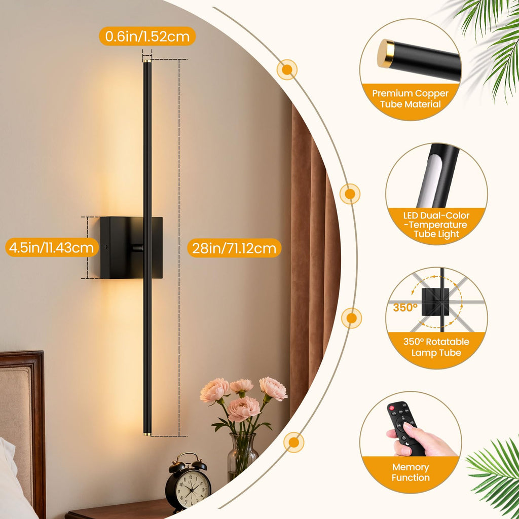 ZZXX 28 Inch Hardwired Wall Sconces Set of Two, Modern Black Wall Lights | 2700K-6500K,LED Wall Sconce With Remote,350°Rotatable ,Memory Function,Dimmable for Living Room, Hallway, Bedroom