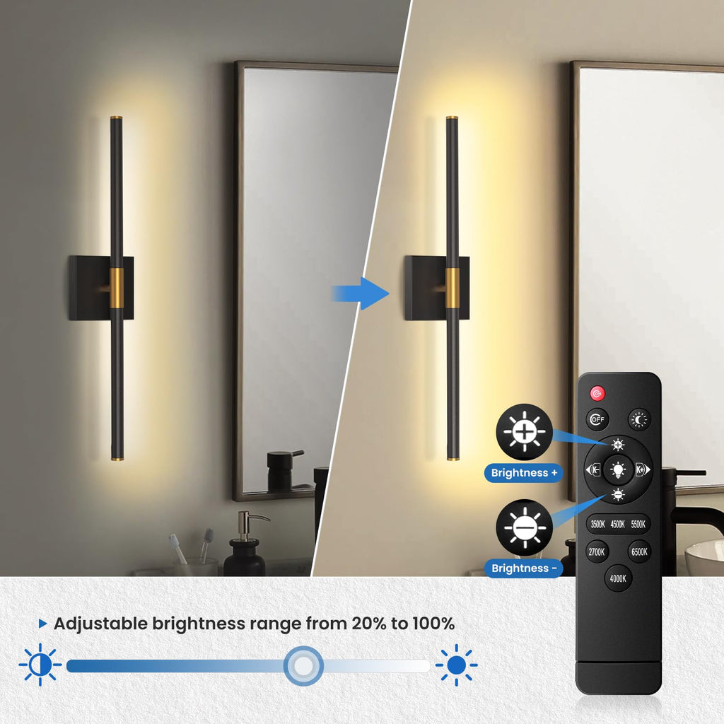 24-inch Bathroom Vanity Light, 6CCT Dimmable LED | 6 color temperatures, adjustable brightness, LED, memory function, night light mode, FCC-certified, black