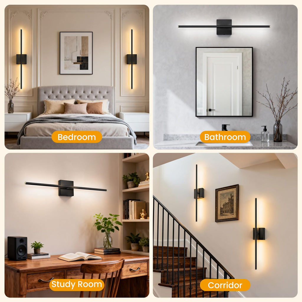 ZZXX 28 Inch Hardwired Wall Sconces Set of Two, Modern Black Wall Lights | 2700K-6500K,LED Wall Sconce With Remote,350°Rotatable ,Memory Function,Dimmable for Living Room, Hallway, Bedroom