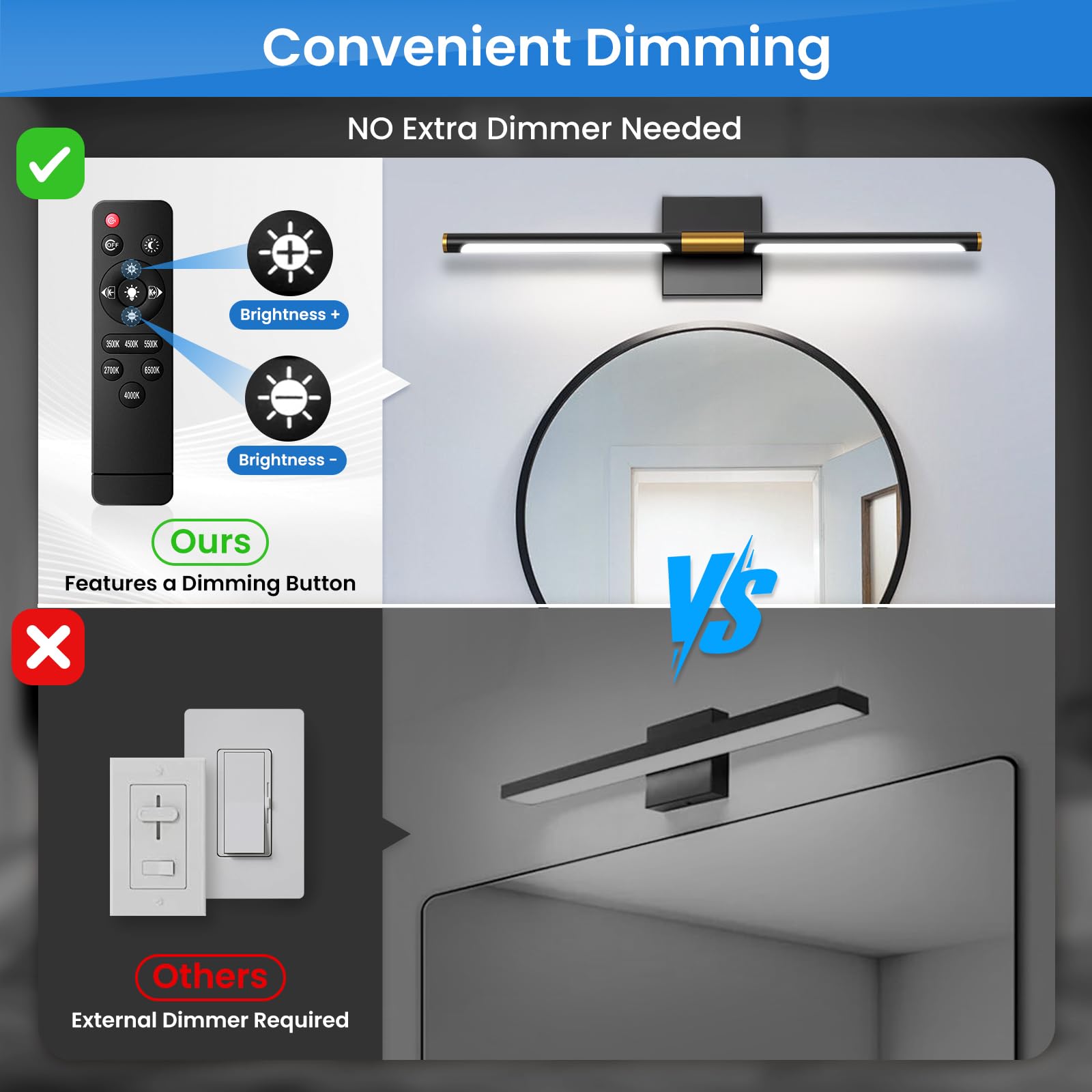 24-inch Bathroom Vanity Light, 6CCT Dimmable LED | 6 color temperatures, adjustable brightness, LED, memory function, night light mode, FCC-certified, black